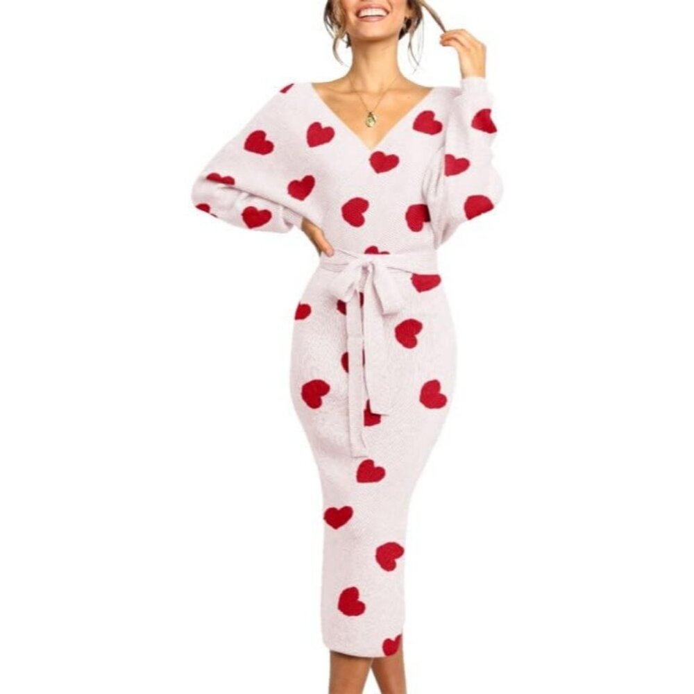 Women's Sweater Dress Wrap Batwing V Neck Slit Bodycon Dress Valentine White